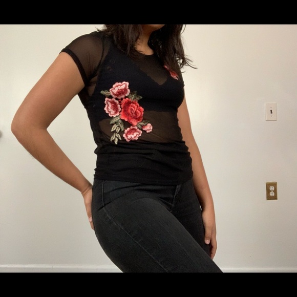 Mesh Top with Embroidered Roses - Picture 3 of 5